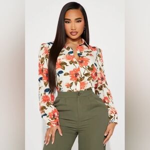 Vintage Style Floral Button Down Blouse Long Sleeve 3XL